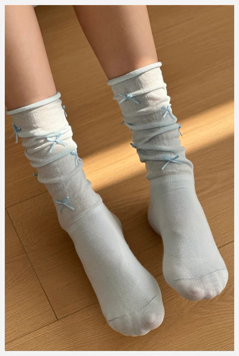 Kawaii Ballet Style Bow Socks 3 Pairs Cotton Thin Summer Slouchy Crew Socks for Girls